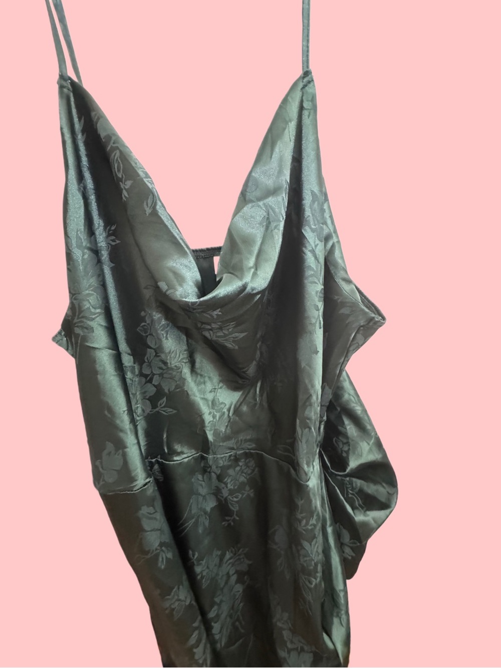 Satin Floral Slip Dress in Olive Green - Elegant Cowl Neck